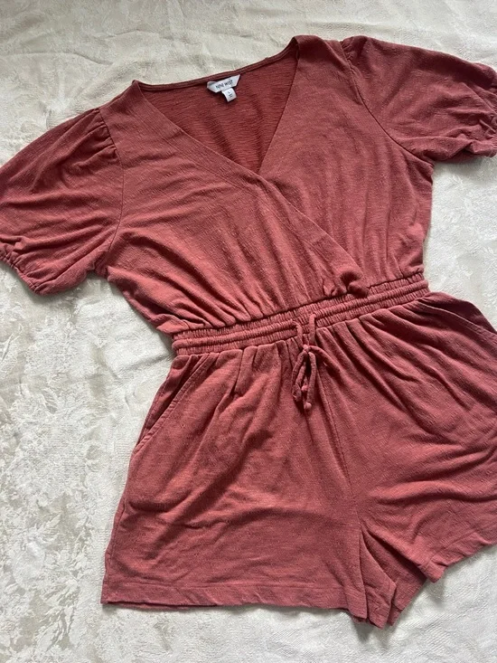 Nine West Rust Dusty Rose Romper Size L Puff Sleeve Elastic Waist Casual Summer - Picture 3 of 10